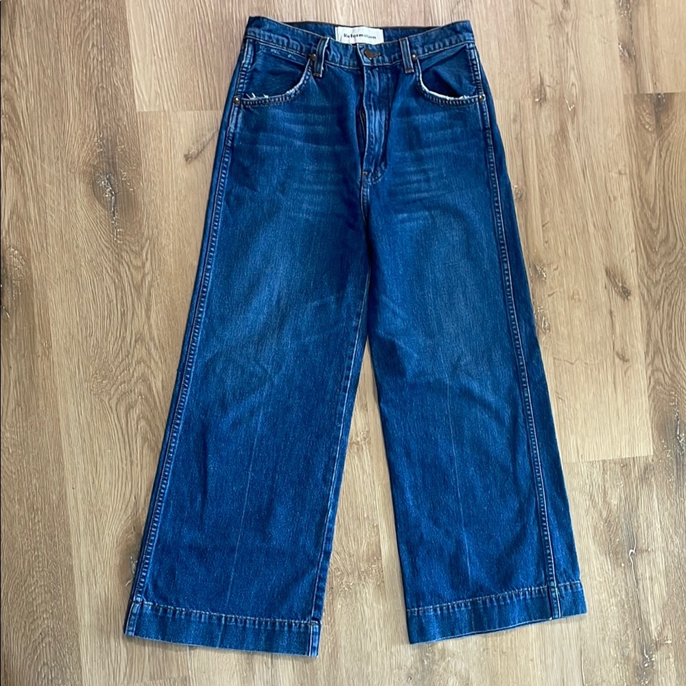 Reformation Blue Flare Wide Leg Jeans